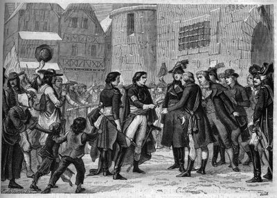 Derde Oorlog van de Vendée (1799-1800): Vendée-leiders geven hun wapens terug in januari 1800 - Gravure van 1865 in 