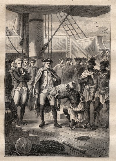 Derde reis van James Cook - Ze gaven hem een klein varken - hij presenteerde hem een klein varken - Derde reis van James Cook in de Stille Oceaan - illustratie uit 