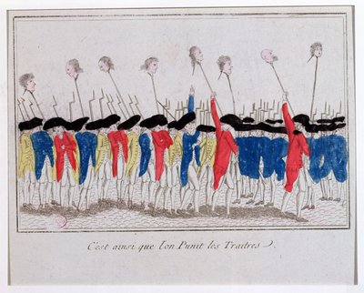 Zo worden verraders gestraft, sans-culottes die de hoofden van de geguillotineerden dragen, 1789 door French School