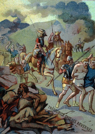 Théoderick, oudste zoon van Clovis, in de Arvernes (Auvergne) (532-533). Chromolithografie van de Serie "Patriottische Opvoeding door Beeld" door French School