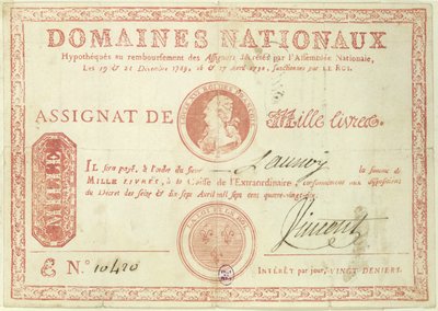 Duizend livre bankbiljet met een afbeelding van Lodewijk XVI, 1790 door French School