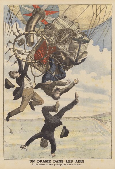 Drie Italiaanse ballonvaarders die in zee vallen (kleurenlitho) door French School