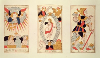 Drie tarotkaarten met afbeelding van Het Oordeel, De Wereld en De Dwaas (gekleurde houtsnede) door French School