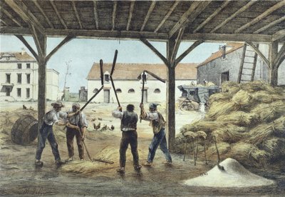 Dorsen van graan, illustratie uit een schoolboek Enseignement par les yeux, 2e helft 19e eeuw door French School