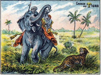 Tijgerjachtscène op de rug van een olifant. Syllabar alfabet van jachten Beeld van Epinal door French School
