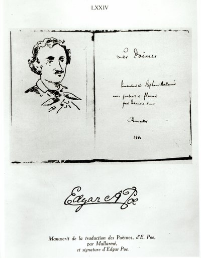 Titelpagina van Les Poemes door Edgar Allan Poe (1809-49) vertaald door Stephane Mallarme (1842-98) met een portret van de auteur, 1888 door French School