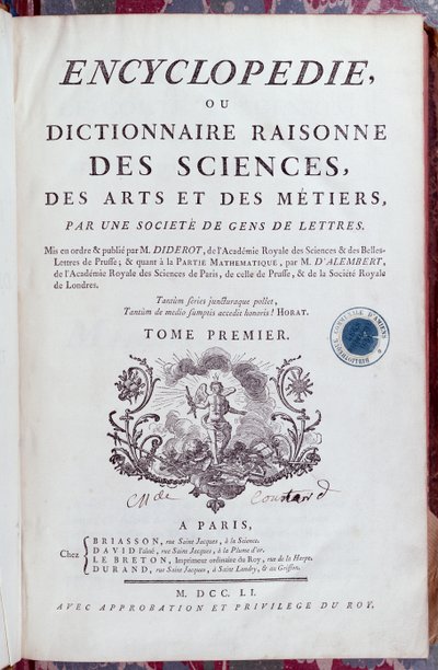 Titelpagina van Encyclopédie door Denis Diderot (1713-84), gepubliceerd in Parijs in 1751 door French School