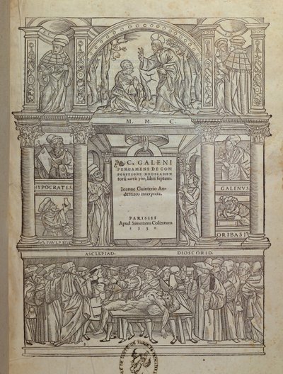Titelpagina van een boek door Galenus (ca. 131-ca. 201), gepubliceerd in Parijs, 1530 door French School