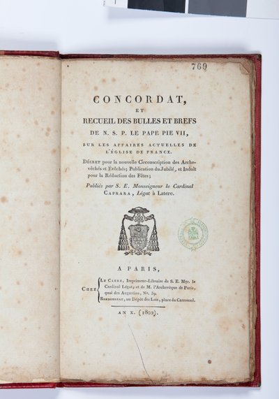 Titelpagina van de Concordat et Recueil des bulles et brefs de N. S. P. le Pape Pie VII, uitgegeven door Giovanni Battista Caprara, Parijs, Chez Le Clers, 1802 door French School