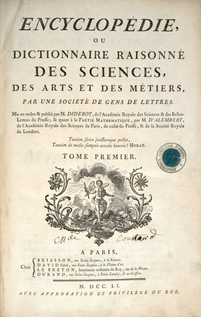 Titelpagina van het eerste deel van de Encyclopedie door Denis Diderot en Jean le Rond d
