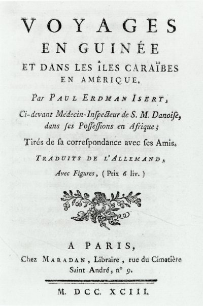 Titelpagina voor Reizen naar Guinee en de Caraïbische Eilanden in Amerika door Paul Erdman Isert, gepubliceerd 1743 door French School