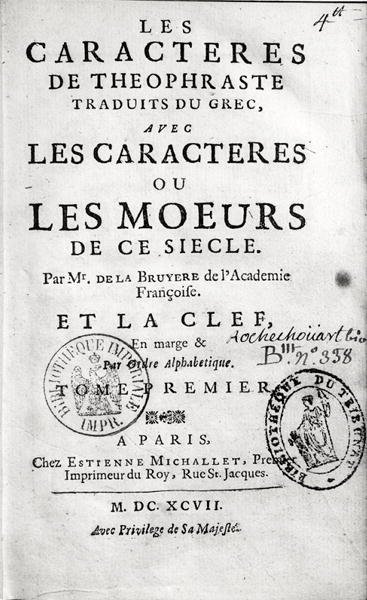Titelpagina van Theophrastus Les Characteres ou les Moeurs vertaald door Jean de la Bruyere (1645-96) 1697 door French School