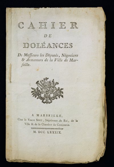 Titelpagina van het Klachtenboek van de Afgevaardigden, Kooplieden en Reders van Marseille, 1789 door French School