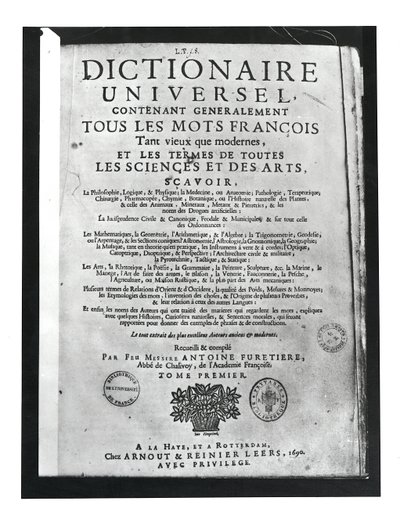 Titelpagina van het Dictionnaire Universel door Antoine Furetiere (1619-88) 1690 door French School