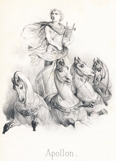 Aan Apollo: Deze God was de zoon van Jupiter en Latona, genaamd Phebus in de hemel wanneer hij de wagen van de zon leidde, getrokken door vier paarden door French School