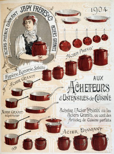 Aan kopers van keukengerei. Koop Phenix Staal of Graniet Staal, dit zijn perfecte keukenartikelen - Reclamelabel door French School