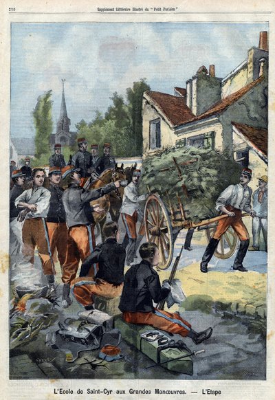 Om een idee te geven van het leven van een soldaat in het veld, worden de studenten van de school van Saint Cyr op manoeuvre gestuurd om hun eigen bevoorradingstaken uit te voeren. Gravure in 