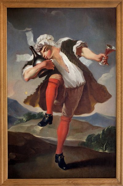 Aan de drie verenigde orden. Een man die de Clerge, de Noblesse en de Derde Stand vertegenwoordigt, houdt een glas rode wijn vast en kust een fles. Geschilderd bord van wijnhandelaar. Anoniem schilderij, revolutionaire periode door French School