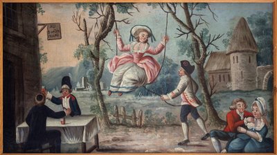 Aan de drie verenigde orden. De Clerge, de Noblesse en de Derde Stand verenigd in een taverne. Een jonge vrouw schommelt haar. Geschilderd bord van cocardes handelaar, zou afkomstig zijn van het Koninklijk Paleis, anoniem schilderij, revolutionaire periode door French School