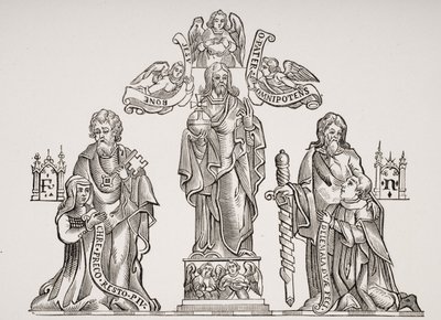 Grafdecoratie die Nicholas Flamel (ca. 1330-ca. 1418) en zijn vrouw Pernelle afbeeldt, naar decoraties in het Cimetière des Innocents, Parijs, uit Le Moyen Age et La Renaissance door Paul Lacroix (1806-84) door French School