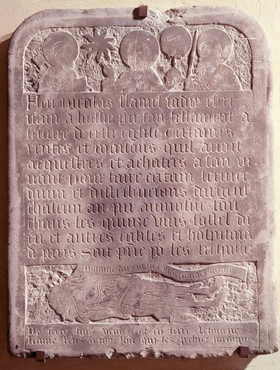 Grafsteen van Nicolas Flamel, oorspronkelijk van de Kerk van Saint-Jacques-de-la-Boucherie, 1418 door French School