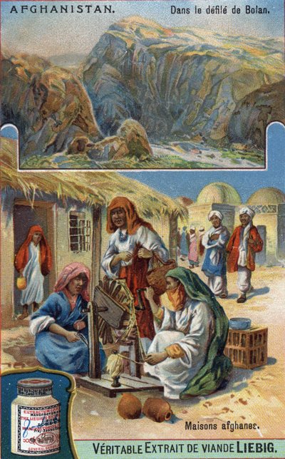 Boven: Bolan parade in Afghanistan. Onder: Afghaanse vrouwen die wol weven voor hun huizen. Chromolithografie uit de 19e eeuw. door French School
