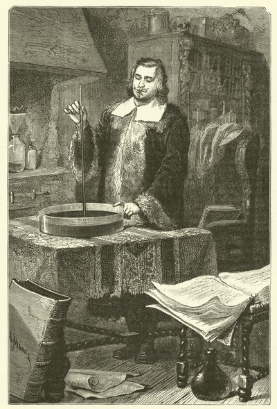 Torricelli die de barometer uitvindt door French School