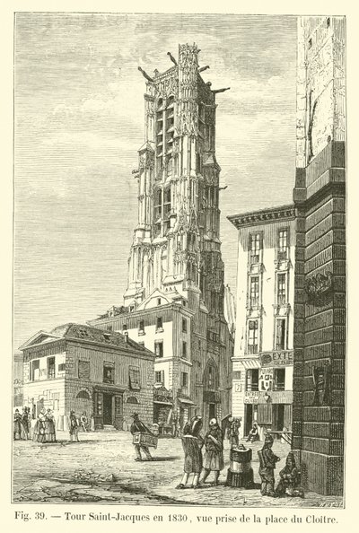 Saint-Jacques toren in 1830, zicht vanaf de place du Cloître door French School