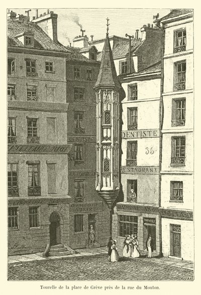 Toren van de Place de Greve bij de rue du Mouton door French School