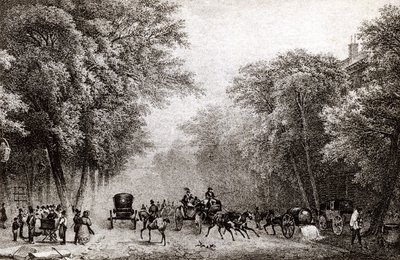Verkeer in Parijs, Frankrijk, in de 19e eeuw, circa 1830 door French School