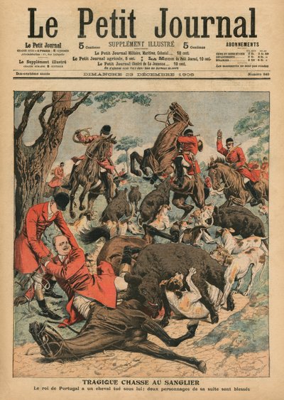 Tragische zwijnenjacht, het paard van Carlos I, koning van Portugal, wordt onder hem gedood, voorpagina illustratie uit 