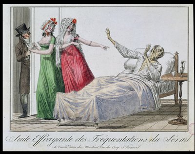 Tragisch gevolg van het bezoeken van bordelen, karikatuur van een syfilislijder, ca.1800 (kleurgravure) door French School