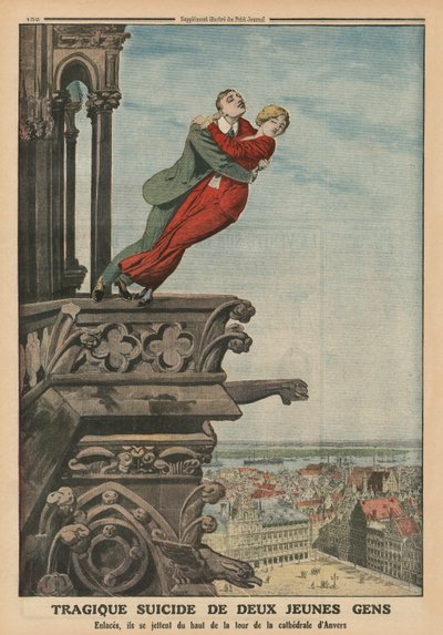 Tragische zelfmoord van twee jonge mensen vanaf de toren van de kathedraal in Antwerpen, achteromslag illustratie uit 