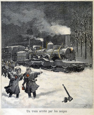Trein gedwongen te stoppen door sneeuw. Illustratie van de krant 