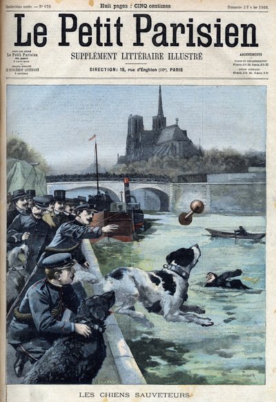 Opleiding van reddingshonden door de politie in de Seine in Parijs. Gravure in 