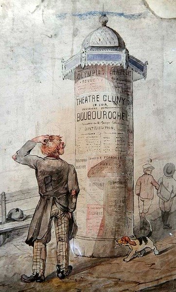 Zwerver die naar een poster kijkt die Courteline