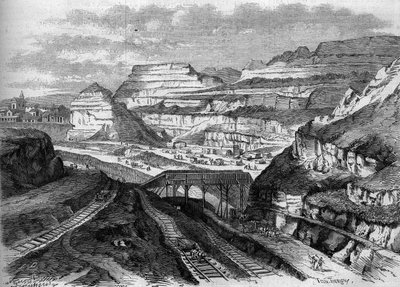 Transformaties van Parijs onder het Tweede Keizerrijk, Parijs Haussmann: transformatie van de gipsgroeven van Buttes-Chaumont (Buttes Chaumont) in een park. Gravure in 