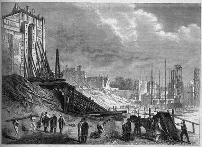 Transformaties van Parijs onder het Tweede Keizerrijk, Haussmanns Parijs: zicht op de sloop op de plaats van het Square Montholon, rue Lafayette. Gravure in 