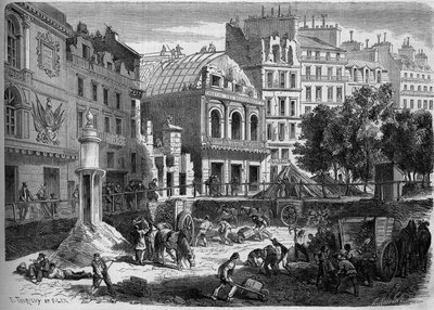 Transformaties van Parijs onder het Tweede Keizerrijk, Haussmann Parijs: sloop van theaters van de Tempel voor het doorbreken van de Boulevard du Prince Eugene (vandaag, boulevard Voltaire). Gravure in 