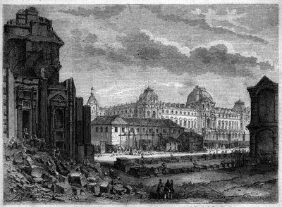 Transformaties van Parijs onder het Tweede Keizerrijk, Haussmann Parijs: sloop van het Flore Paviljoen en werkzaamheden in de binnenplaats van de Tuilerieën - Gravure in 