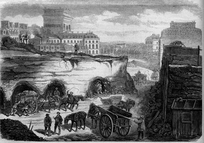 Transformaties van Parijs onder het Tweede Keizerrijk, Haussmann Parijs: doorbraak van de boulevard du Roi de Rome (vandaag, avenue de Kleber). Gravure in 