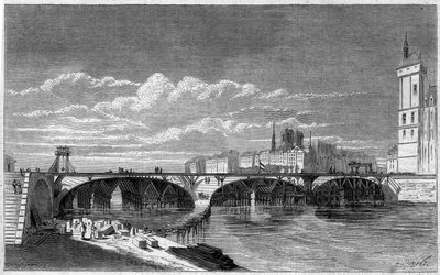 Transformaties van Parijs onder het Tweede Keizerrijk, Haussmann Parijs: zicht op de Pont au Change tijdens de reconstructie. Gravure in 