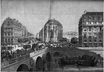 Transformaties van Parijs onder het Tweede Keizerrijk, Haussmann Parijs: uitzicht op de fontein Saint Michel (1860) op de Boulevard de Sebastopol. Gravure in "Le Monde Illustré" nr. 175 van 18 augustus 1860. door French School