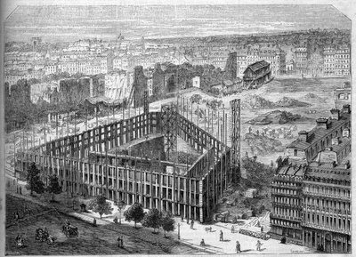 Transformaties van Parijs onder het Tweede Keizerrijk, Parijs Haussmann: bouw van het Hotel de la Paix en uitzicht op de locatie van het toekomstige Opera Garnier, tussen de straten Neuve des Mathurins, de Chaussee d