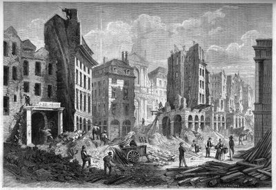 Transformaties van Parijs onder het Tweede Keizerrijk, Parijs Haussmann: sloop van Rue de la Barillerie voor het doorboren van Boulevard Sébastopol. Gravure in “Le Monde Illustré” nr. 126 van 10 september 1859 door French School