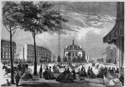Transformaties van Parijs onder het Tweede Keizerrijk, Parijs Haussmann: het nieuwe stadhuis van het XI arrondissement in Parijs. (Je kunt de Boulevard Voltaire en de Avenue Parmentier zien). Gravure uit 1865 door French School