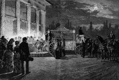 Overbrenging van de as van paus Pius IX (1792-1878): aankomst van de stoet bij de kerk van St. Lawrence in Rome op 12 juli 1881. Gravure door Pelicer in 