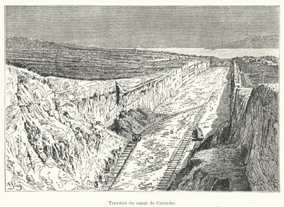 Werken aan het Kanaal van Korinthe (gravure) door French School