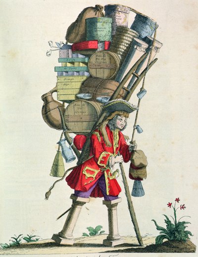 Reizende Specerijen-, Drank- en Middelenverkoper in 1721, uit Costumes de Paris a Travers les Siecles, gepubliceerd 1887 door French School