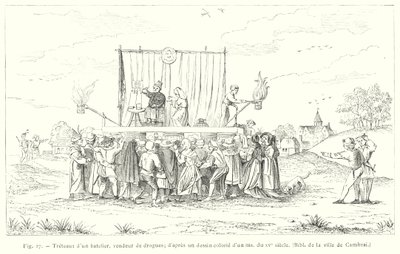 Podium van een schipper, verkoper van medicijnen, naar een gekleurd tekening uit een manuscript uit de 15e eeuw door French School